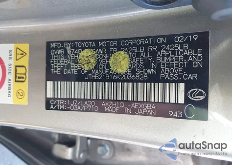 2019 Lexus Es 300H z USA, uszkodzony, nr VIN JTHB21B16K2036828